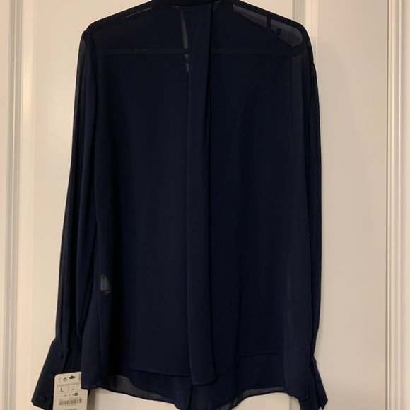 Zara Trafaluc Navy Blue Tie-Neck Sheer Button-up Long-Sleeve Blouse (US Size L) - Picture 6 of 9